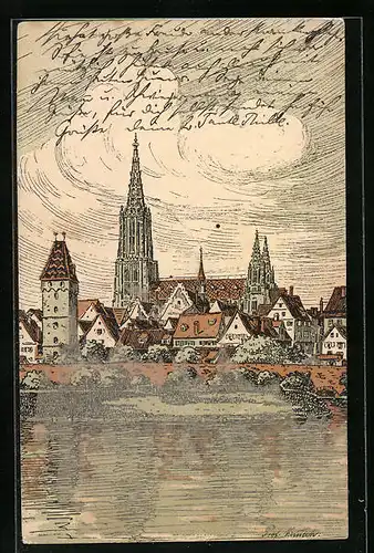Künstler-AK Ulm, Ulmer Münster, Donaupartie