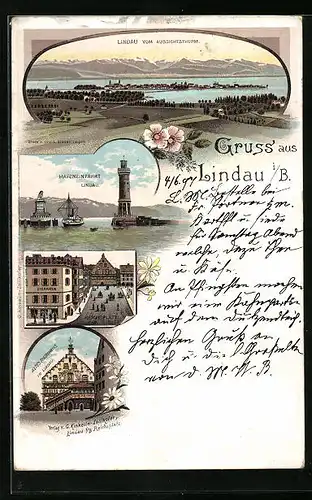 Lithographie Lindau i. B., Hafeneinfahrt, Reichsplatz, Altes Rathaus