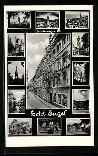 AK Freiburg i. B., Hotel Engel, Kirche, Teilansicht