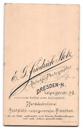 Fotografie E. G. Fritz Stotz, Dresden, Leipzigerstrasse 49, Bürgerliche Dame im taillierten Kleid