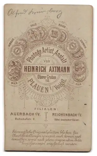 Fotografie H. Axtmann, Auerbach i. V., Bahnhofstrasse 8, Knabe im Anzug und mit verschränkten Armen