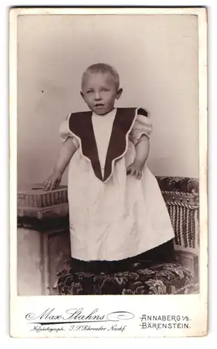 Fotografie Max Stahns, Annaberg i. Sa., Carlsplatz 3, Kleiner Knabe im Kleid und Kragen