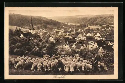 AK Sennfeld, Schäfer mit Herde vor der Ortschaft