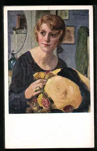 Künstler-AK Ernst Heilemann: Dame in Wohnstube