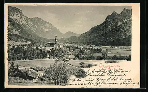 AK Grossgmain b. Reichenhall, Panorama mit Kirche