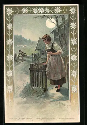 Künstler-AK E. Döcker: Frau blickt flüchtendem Jäger hinterher