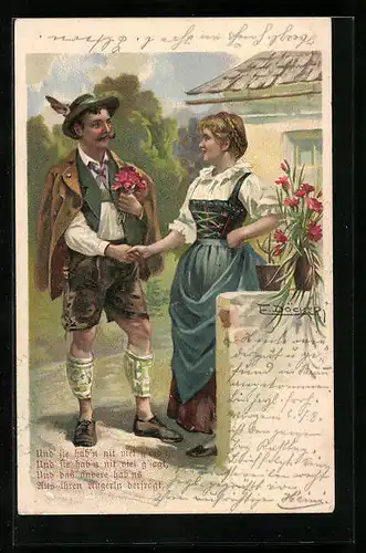 Künstler-AK E. Döcker: Mann in bayrischer Tracht verabschiedet sich