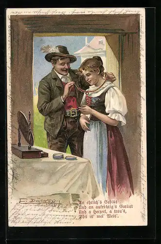 Künstler-AK E. Döcker: Mann schenkt seiner Frau Schmuck