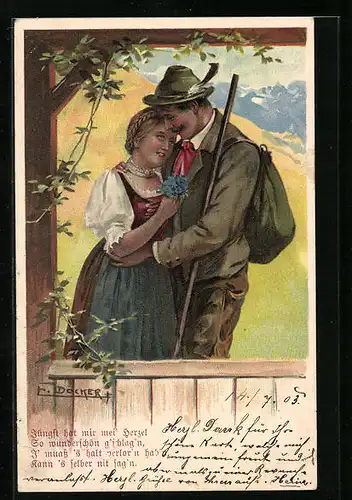 Künstler-AK E. Döcker: Bayrisches Paar in inniger Umarmung