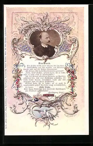 Künstler-AK E. Döcker: Portrait im geschmückten Rahmen, Ein Pastor trifft einen Bauer...