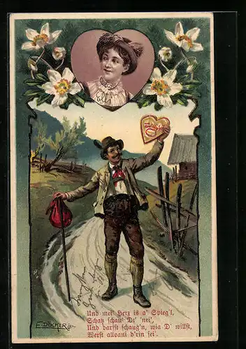 Künstler-AK E. Döcker: Frohlockender Wandersmann mit Lebkuchen-Herz