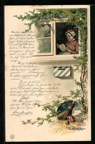Künstler-AK E. Döcker: Betagte Dame lesend am Fenster