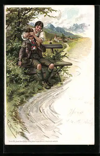 Künstler-AK E. Döcker: Dame überrascht Mann auf Parkbank