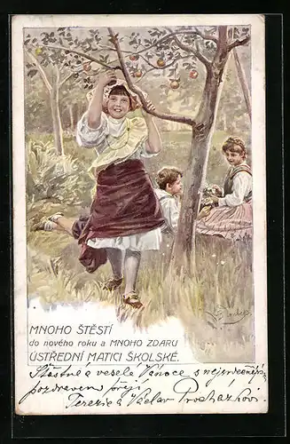 Künstler-AK Franz Doubek: Kinder spielen unterm Apfelbaum