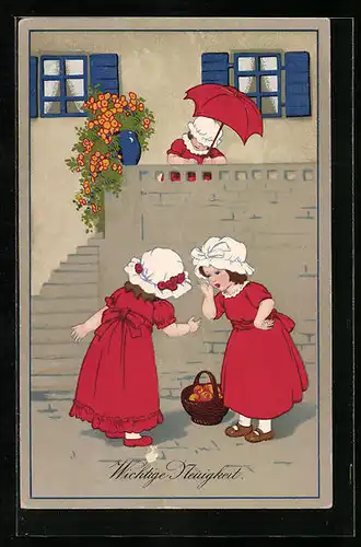 Künstler-AK Lia Döring unsign.: Kinder mit Hauben an Treppe