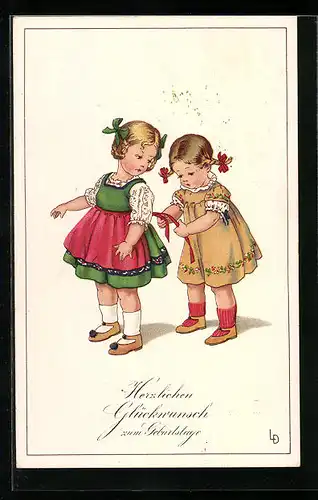 Künstler-AK Lia Döring: Kleine Mädchen helfen sich gegenseitig