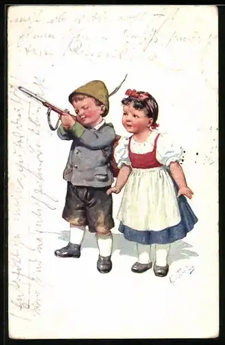 Künstler-AK Karl Feiertag: Knabe beim Anvisieren