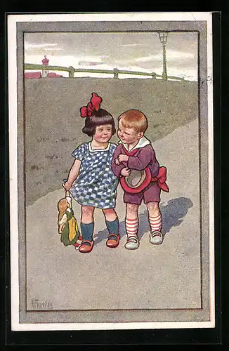 Künstler-AK Karl Feiertag: Kinder beim Spaziergang