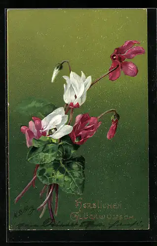 Künstler-AK M. Billing: Blumengesteck mit Blattgrün