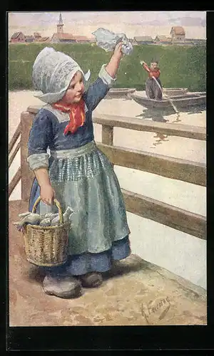 Künstler-AK Karl Feiertag: Kleine Holländerin mit Fischkorb
