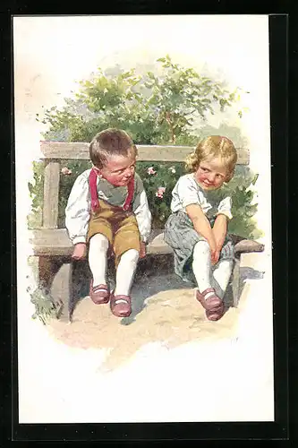 Künstler-AK Karl Feiertag: Schüchterne Kinder auf Bank
