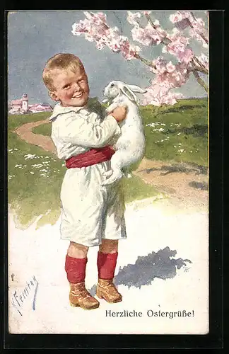 Künstler-AK Karl Feiertag: Knabe mit weissem Kaninchen