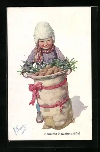 Künstler-AK Karl Feiertag: Kind mit Kartoffelsack