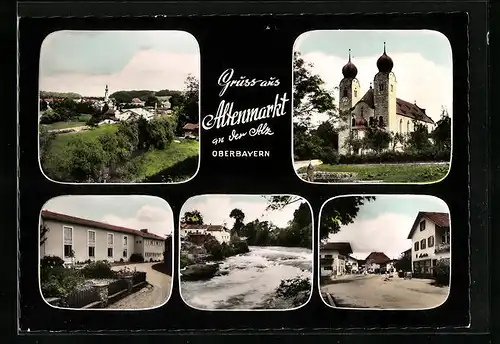 AK Altenmarkt an der Alz, Ortsansicht mit Fluss und Kirche