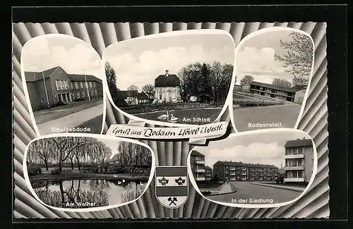 AK Bockum Hövel /Westf., Ortsansicht mit Schulgebäude, Schloss und Badeanstalt