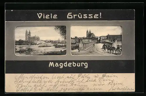 AK Magdeburg, Ortsansicht mit Kirche und Brücke