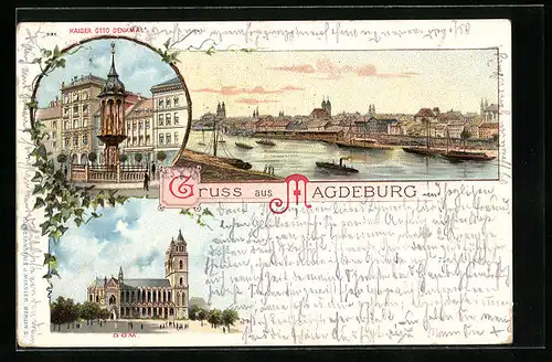 Lithographie Magdeburg, Ortsansicht mit Dom und Kaiser Otto Denkmal