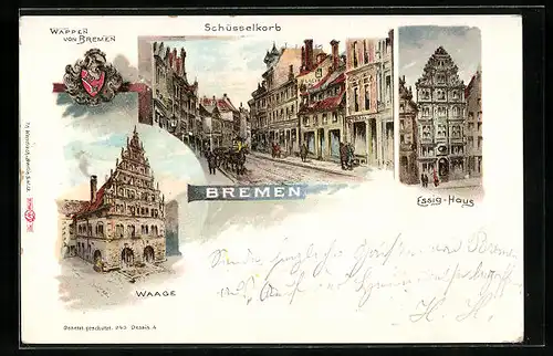 Lithographie Bremen, Ortsansicht mit Essig-Haus, Waage und Schüsselkorb