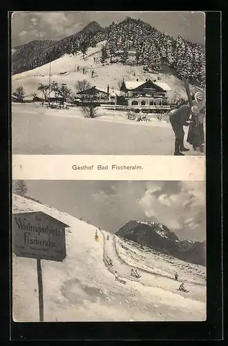 AK Bad Fischeralm, Verschneites Gasthaus mit Rodelberg