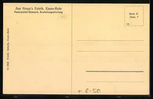 AK Essen /Ruhr, Krupp`s Fabrik, Panzerplatten-Walzwerk, Bearbeitungsabteilung mit Fabrikarbeitern