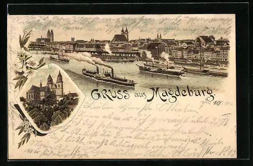 Lithographie Magdeburg, Teilansicht mit Dampfern, Dom
