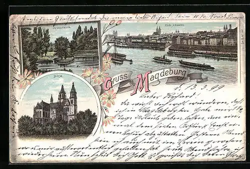 Lithographie Magdeburg, Elbansicht mit Dampfern, Dom, Inselteich
