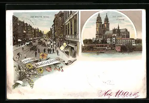 Lithographie Magdeburg, Strasse Breiter Weg mit Café und Strassenbahn, Dom Südseite