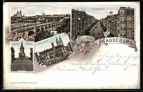 Lithographie Magdeburg, Alter Markt, Kaiserstrasse mit Strassenbahn, Krieger-Denkmal