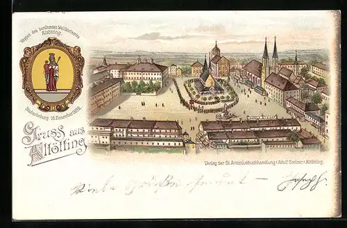 Lithographie Altötting, Ortspartie mit Kirche und Geschäft von Adolf Steiner, Stadtwappen