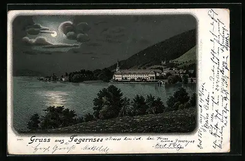 Lithographie Tegernsee, Uferpartie bei Mondschein