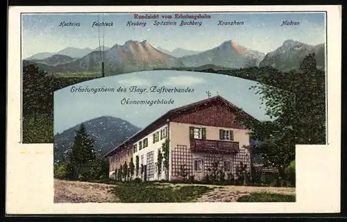 AK Brannenburg, Erholungsheim des Bayr. Postverbandes Ökonomiegebäude, Rundsicht mit Hochreis, Feichteck und Heuberg