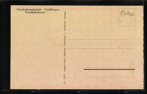 AK Nördlingen, Haushaltungsschule, Handarbeitssaal, Innenansicht