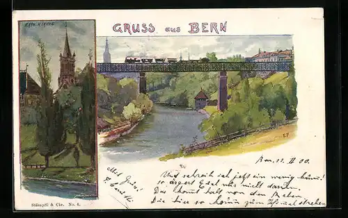 Künstler-AK Bern, Flusspartie mit Brücke und Kirche