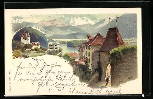 Künstler-AK Thun, Ortsansichtz mit Stadttor und Flusspartie