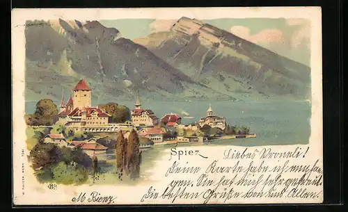 Künstler-AK Spiez, Ortsansicht mit Berglanschaft und See