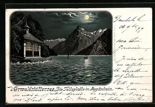 Mondschein-Lithographie Vierwaldstättersee, Die Tellsplatte im Vollmondlicht