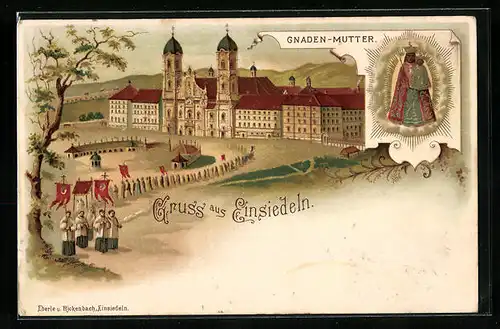 Lithographie Einsiedeln, Kloster mit Vorplatz und Mönchen