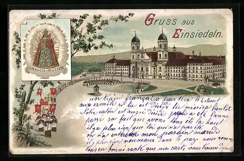 Lithographie Einsiedeln, Klosterkirche mit Platz und Mönchen