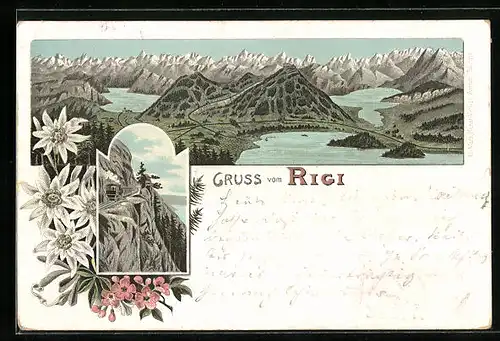 Lithographie Rigi, Alpenpanorama mit See