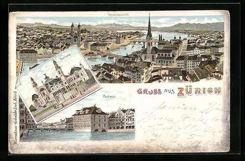 Lithographie Zürich, Generalansicht, Tonhalle, Rathaus